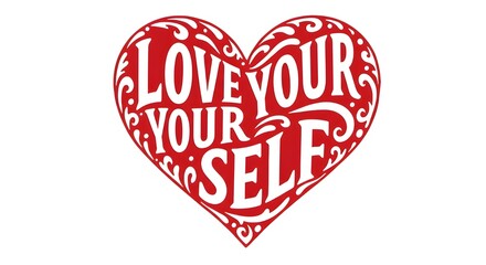 Arte tipogr&aacute;fico Love Yourself: caligraf&iacute;a rom&aacute;ntica sobre fondo rojo