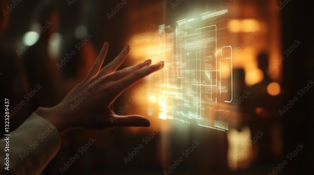 Poster closeup of a hand reaching out to manipulate a floating holographic graph that showcases realtime da