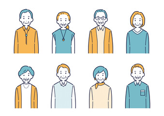 正面を向いて笑う高齢者のイラストセット