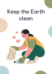 Vector illustration cleanup poster, flat cartoon card about environment and recycling. Volunteer woman in gloves collects plastic waste, promoting sustainability, eco awareness, and Earth protection