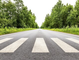 Open road with white pedestrian crosswalk surrounded by green trees symbolizing city planning road safety and modern transportation infrastructure