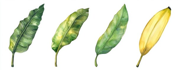 Collection of watercolor wild tropical leaves hand-drawn. Jungle plant leaves isolated on white background. Monstera, banana, palm leaf. Watercolor botanical illustration