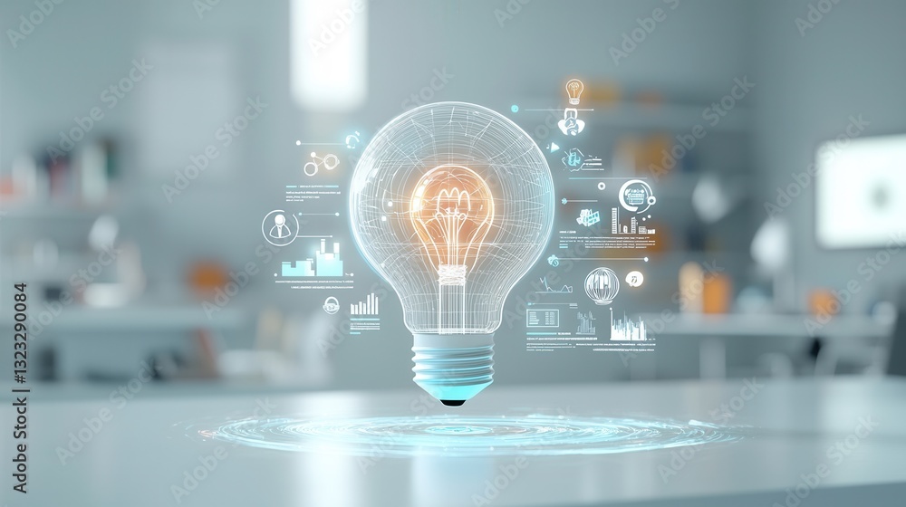 Poster a detailed three dimensional rendering of a luminous lightbulb representing the power of ideas to il