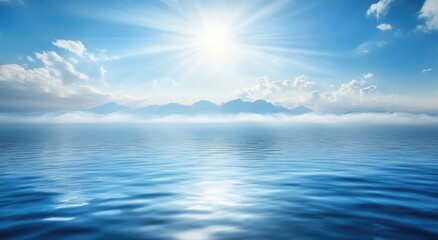 Obraz premium Sunrise over Misty Mountains, Calm Ocean Reflection