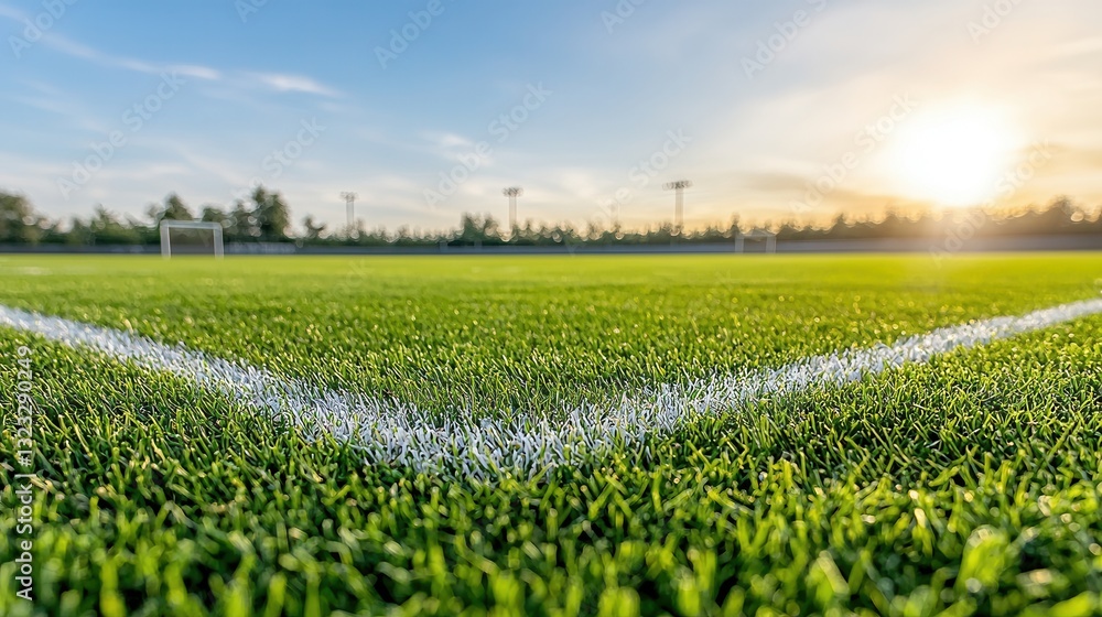 Poster a peaceful and tranquil sports field with a lush green turf and sharp white boundary lines creating 