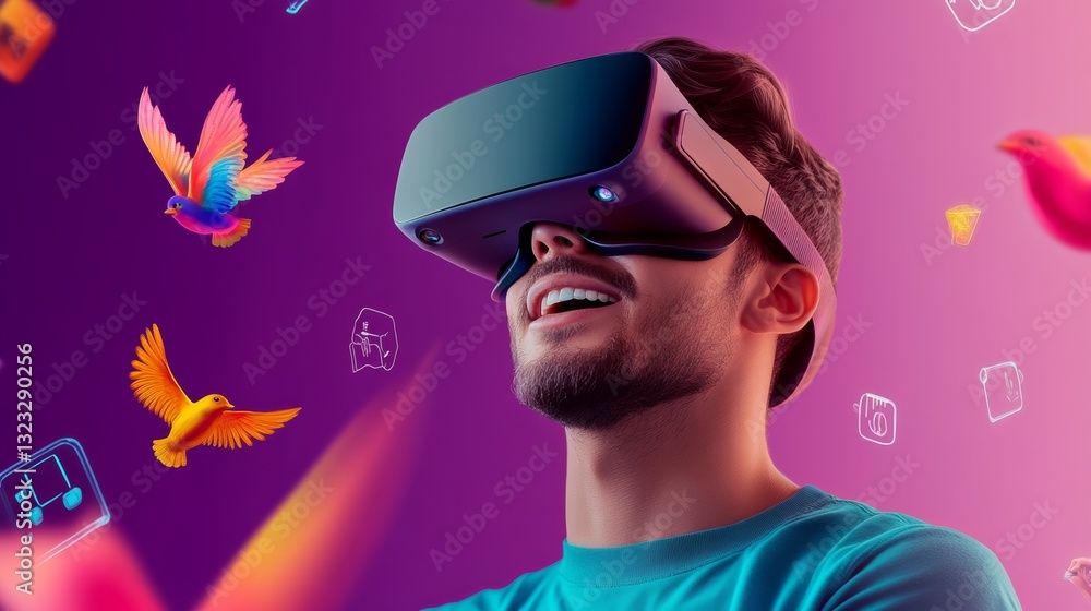 Poster man is wearing a virtual reality headset and smiling. the image is colorful and features birds and o