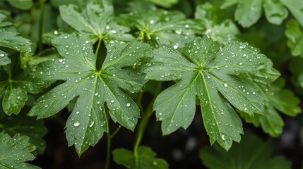 Dewy Green Leaves in Nature