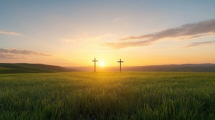 Obraz premium Silhouetted crosses standing in sharp contrast against a breathtaking sunset in a tranquil countryside landscape with lush green grass and rolling hills