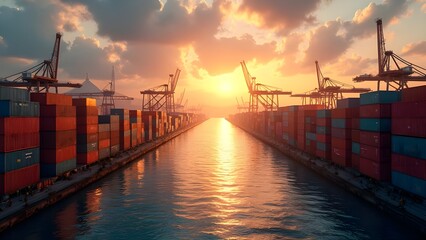 Naklejka premium Container Cargo freight ship with working crane bridge at sunset for Logistic Import Export background