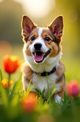 Happy welsh corgi cardigan smiling in spring meadow with tulips