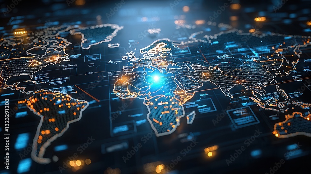 Poster captivating close up of a luminous digital landscape showcasing the intricate web of global intercon