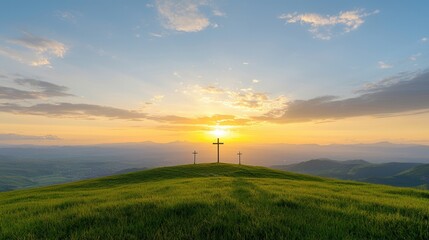 Obraz premium Stunning silhouette of three shadowy crosses standing on a peaceful grassy hilltop against a breathtaking sunset sky creating a serene and spiritual scene