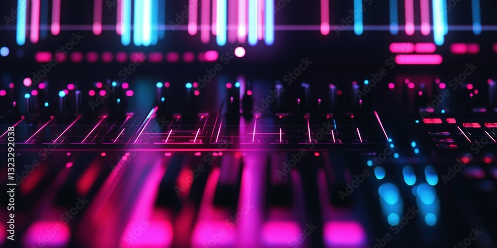 Poster neon symphony: a vibrant and dynamic shot of a sound mixing console bathed in the pulsating glow of 