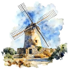 A picturesque watercolor painting of a rustic windmill under a vibrant sky. The image evokes a sense of serenity and timeless beauty.