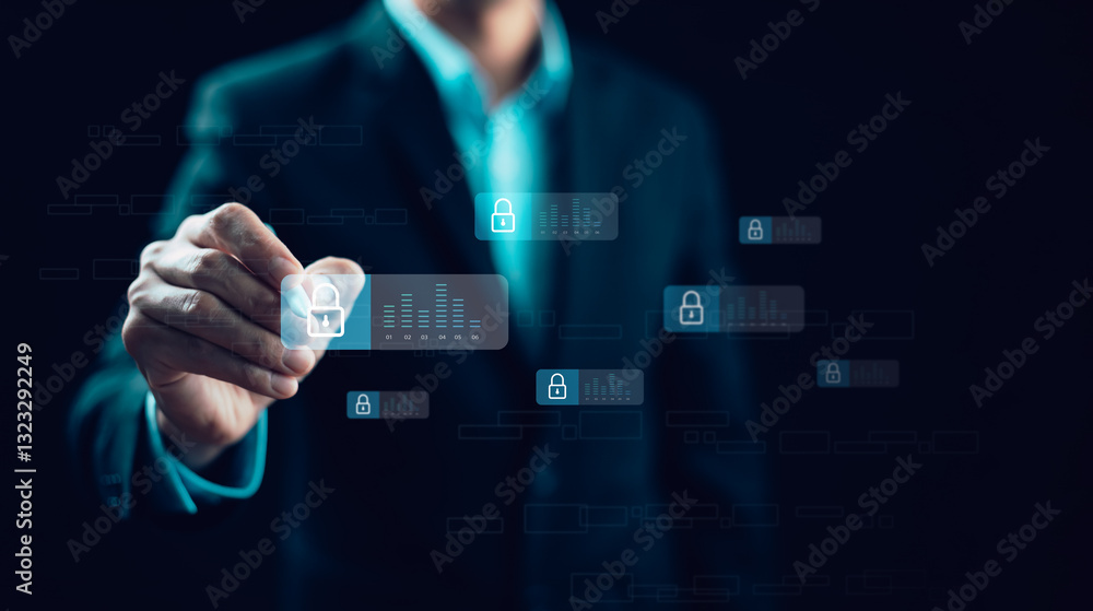 Poster a businessman interacts with a futuristic digital security interface, selecting a locked data icon. 