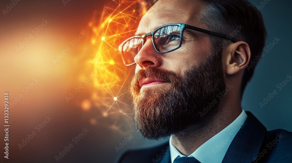 Poster man with glasses is looking at a computer screen. the image is a representation of the man's face an
