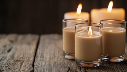 Deep golden butterscotch and vanilla cream shots, ignited with a warm amber flame, placed on a rustic wooden counter in a candlelit lounge.