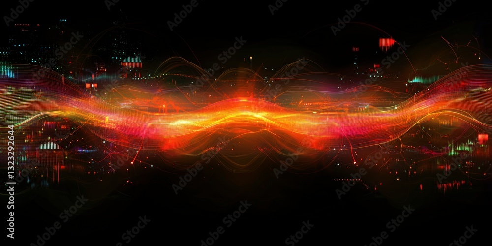Poster vibrant energy waves: an abstract digital rendering presents a dynamic display of glowing energy wav