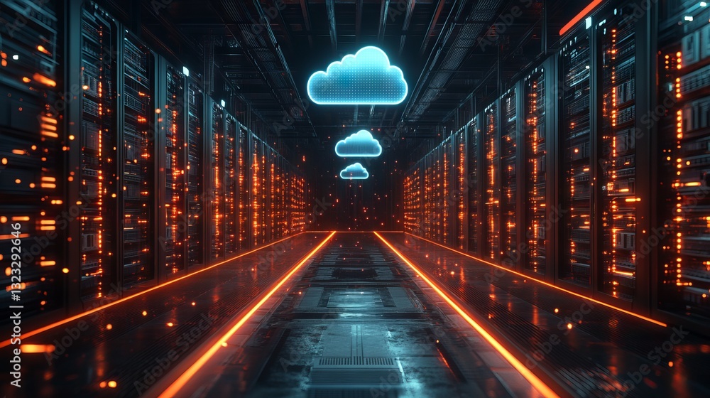 Poster futuristic data center showcasing advanced cloud technology with glowing cloud icons representing mo