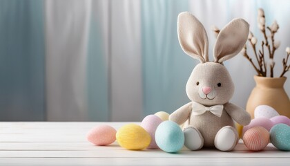 Obraz premium Easter background with copy space. Stuffed fabric bunny on white wooden table with Easter eggs. Generated image