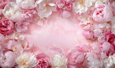 Peonies, roses on pink background with copy space. Abstract natural floral frame layout with text space. Romantic feminine composition. Wedding invitation. International Women day, Mother Day