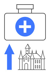 First aid kit with cross, blue upward arrow, and a church-thumbs up structure represent healthcare guidance, progress, emergency readiness, heritage. Ideal for recovery, support, medical progress