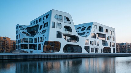 A unique, flowing structure stands proudly by a tranquil waterway, showcasing its modern and artistic design. The evening sky reflects on the glass, illuminating the innovative features