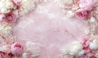 Peonies, roses on pink background with copy space. Abstract natural floral frame layout with text space. Romantic feminine composition. Wedding invitation. International Women day, Mother Day