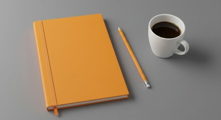 Orange notebook mockup with coffee and pencil.