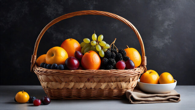 Wicker basket filled with fresh fruits on table - Powered by Adobe