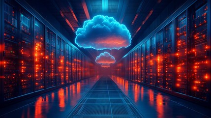 Futuristic data center showcasing advanced cloud technology with glowing cloud icons representing modern digital infrastructure and seamless connectivity