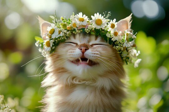 Summertime happiness. Sunny daylight. Cute baby cat ragdoll wearing free flower circlet on its head. Kitten celebrating summer. Smiling kitten in the sunshine. Summer memories with a cat.