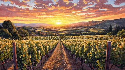 Naklejka premium A lush vineyard with grapevines stretching toward the horizon under a golden sunset digital