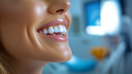 Obraz premium Woman with a white smile is shown in a dental office. The room is clean and well-lit, with a TV mounted on the wall. The woman's teeth are white and her smile is bright, giving off a positive