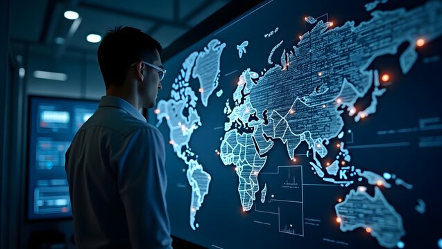 Cyber security expert analyzing global data high resolution photo