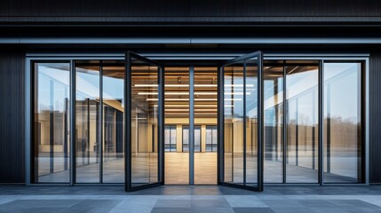 Sunlight pours through expansive glass doors into a contemporary building, revealing a bright interior with clean lines and an open layout, perfect for events and gatherings
