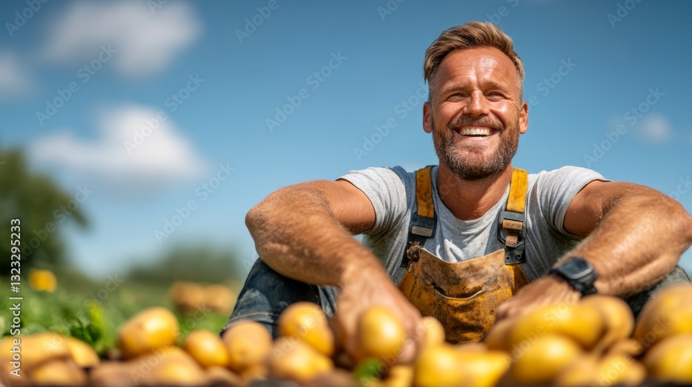 Poster man is sitting on the ground with a pile of potatoes in front of him. he is smiling and he is happy
