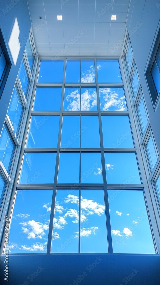 Aufkleber expansive windows showcase a stunning view of a vibrant blue sky filled with fluffy white clouds, cr