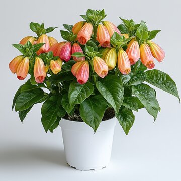Colorful abutilon plant in white pot with vibrant blooms and lush green leaves