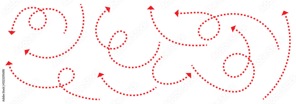 Poster black dotted thin arrows set. wavy and curved dashed pointers collection. wiggly sketchy direction l