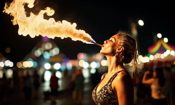 A talented female fire breather performing at night, exhaling a burst of flames against a blurred background of city lights and a festive atmosphere.  
