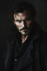 Fototapeta premium Portrait of a Caucasian man with intense expression, wearing a dark coat against a dark background.