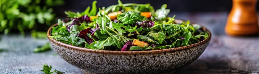 A vibrant salad bowl filled with fiber-rich greens, bursting with freshness and color for a healthy lifestyle.