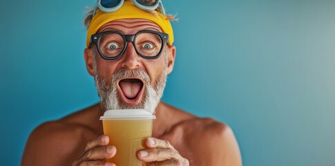 Man wearing glasses and a yellow hat is holding a cup of coffee. He is smiling and he is excited