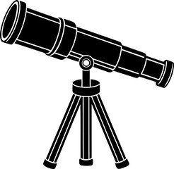 A simple, black and white illustration of a telescope on a tripod, perfect for websites or presentations about astronomy or science.