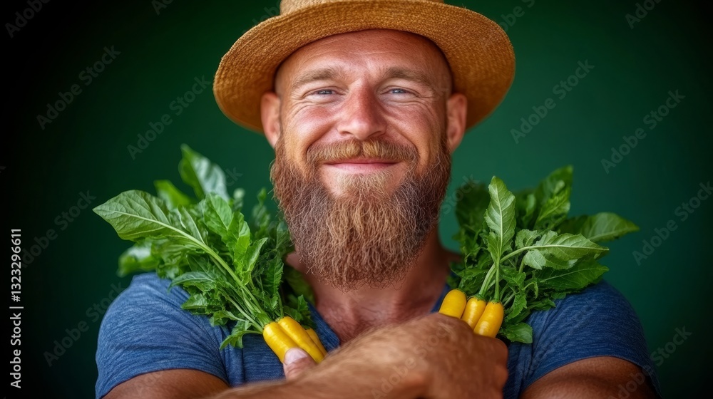 Poster man with a beard and a hat is holding a bunch of vegetables. he is smiling and he is happy
