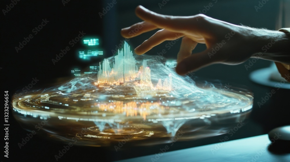 Poster an individual engaging with a 3d holographic model of market trends appearing to manipulate the data
