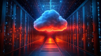 Innovative eco-friendly data center featuring a prominent large cloud icon, sustainable digital computing background, and advanced green technology infrastructure