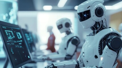 Automated future: Robots work in advanced office environment with artificial intelligence