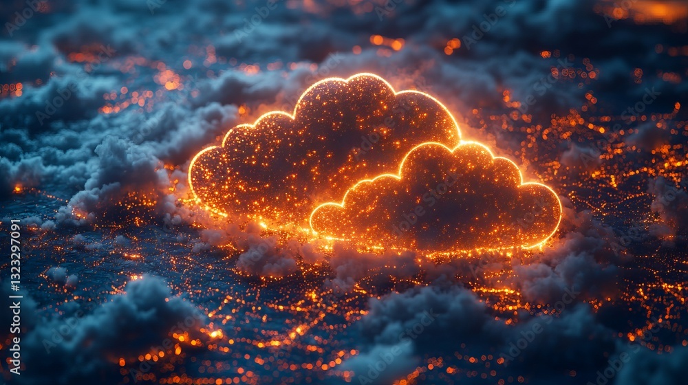 Poster futuristic 3d illustration of cloud computing concept with glowing digital connections on a blue bac
